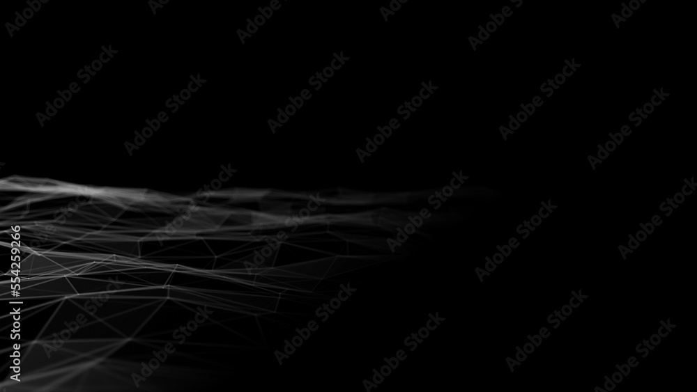 Poster Wave of digital particles on a black background. Abstract interlacing lines and points. Digital connection of elements. Simulation of the movement of small particles. 3D rendering.