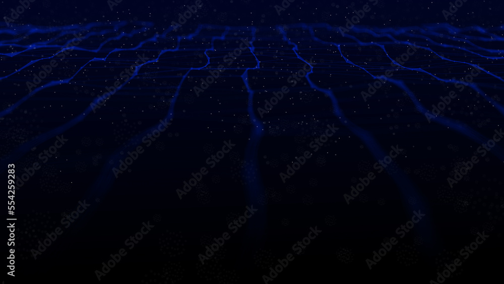 Poster Futuristic wave with lines and dots. Abstract background with a dynamic wave. Particle placement with hanging dots in space. Large data background. 3d rendering.
