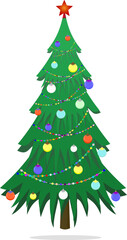 Christmas tree with festive balls and garland on an isolated white background. Symbol of the new year. Vector illustration of green spruce for design.