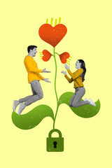 Collage photo of young jumping together people girlfriend boyfriend on green growing leaves flora lock their love isolated over beige background