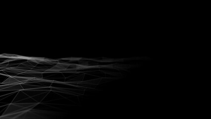 Wave of digital particles on a black background. Abstract interlacing lines and points. Digital connection of elements. Simulation of the movement of small particles. 3D rendering.