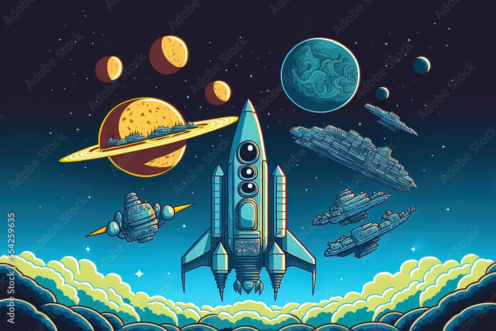 Poster plan of a space game's levels, showing a spaceship in flight, planets in the background, and a lands