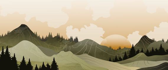 Abstract art, mountain vector landscape with sun and clouds. Watercolor green mountains with trees and golden lines. Design for wall decoration, print, cover, wallpaper, vip card.
