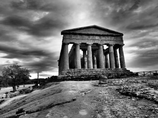 Valley of the Temples in Agrigento, Sicily, Italy: dramatic black and white shot