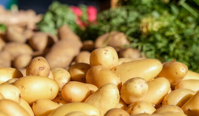 Nahaufnahme von einen Haufen Kartoffeln an einem Marktstand draußen mit Gemüse im verschwommenen...