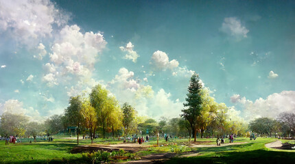 Panoramic view of a park during summer day. Beautiful weather in a green park. Generative AI . _ai_generated . High quality illustration