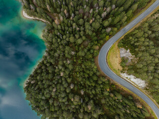 Aerial View of Lake Blindsee and the Fernpass Street in the Austrian Alps.
