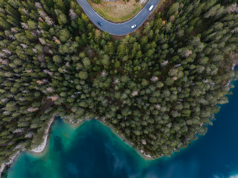 Aerial View of Lake Blindsee and the Fernpass Street in the Austrian Alps.