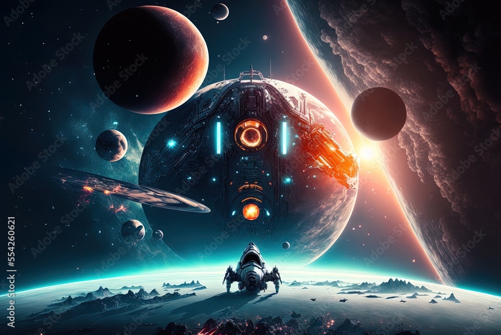 Aufkleber outer space scene with a spaceship and planets in the background. generative ai