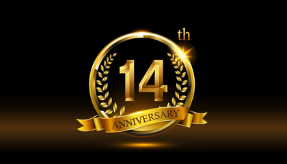 14th anniversary logo with golden ring, confetti and Gold ribbon isolated on elegant black background, sparkle, vector design for greeting cath and invitation cath