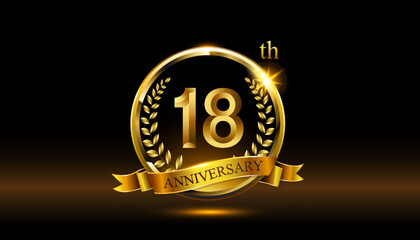 18th anniversary logo with golden ring, confetti and Gold ribbon isolated on elegant black background, sparkle, vector design for greeting cath and invitation cath