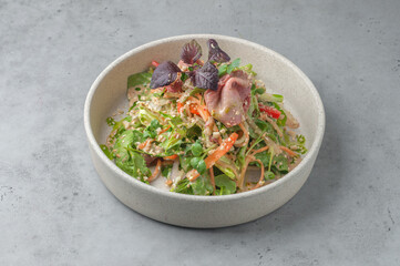 vegetable salad with roast beef and nut sauce on gray background