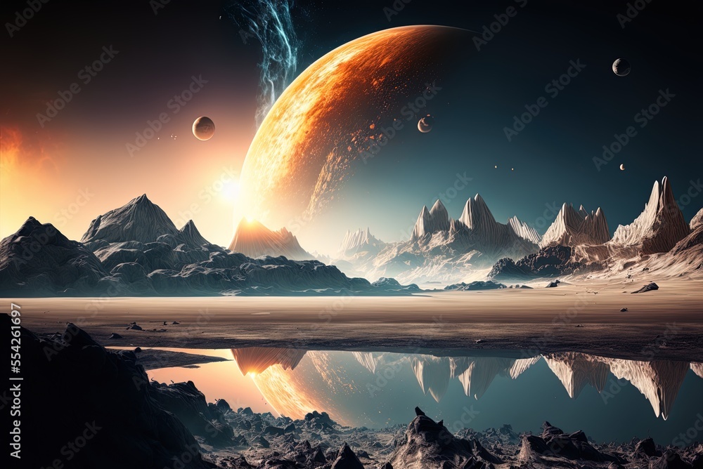 Poster Planetary landscape in outer space. Generative AI
