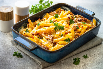 Pasta penne with minced meat, cheese and creamy sauce.