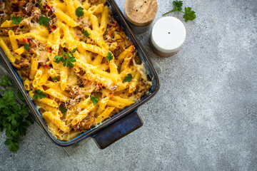 Pasta penne with minced meat, cheese and creamy sauce.