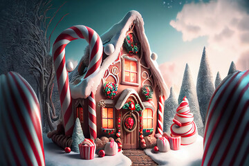 Beautiful fairy tale gingerbread house decorated for Christmas with candy canes, winter scene, AI generated image