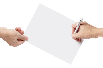 Hands signing paper document, isolated on white background