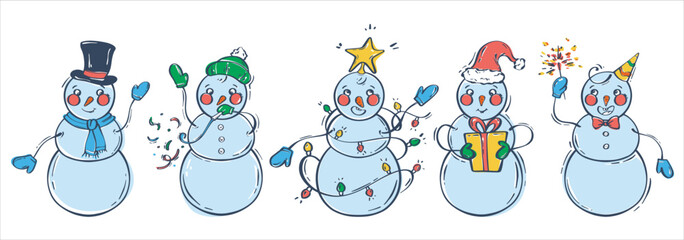 Set of funny snowmen. Cartoon character on a white background. Cute character design. Christmas vector. Vector illustration element.