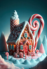 Fairy tale Christmas candies village with a gingerbread house and candy canes, winter scene, AI generated image