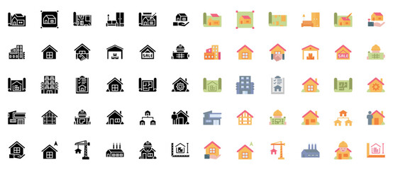 Model House Line Color Icons Vector Set Illustration , Building , Home , Residential House