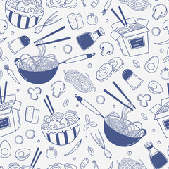 Seamless pattern with Asian Japanese and Chinese traditional food. Asian kitchen background. Vector illustration for doodle style. Menu for restaurant, cafe.