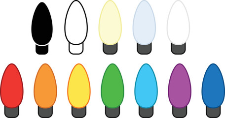 Colorful Christmas Light Bulbs Clipart - Outline, Silhouette & Color