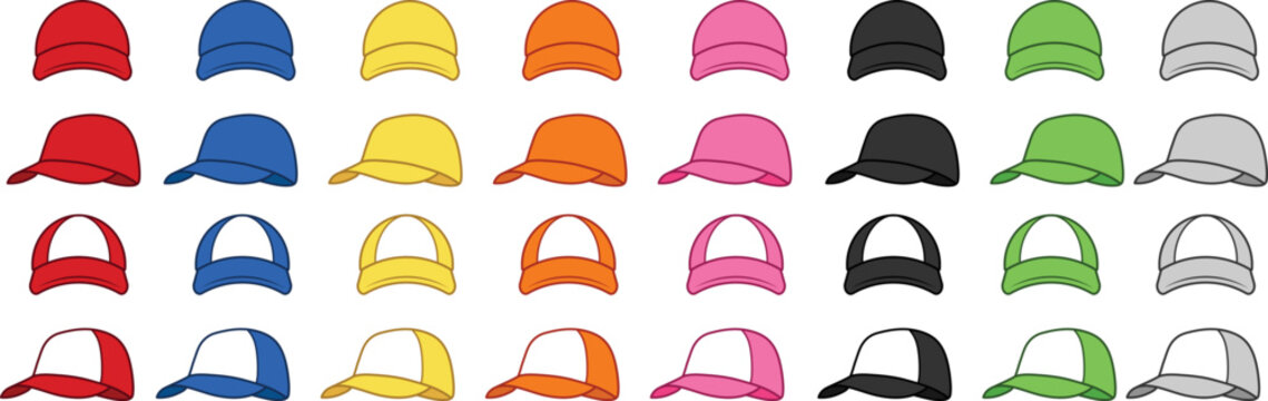 Multi Color Baseball Hat Clipart Set - Front and Side Views