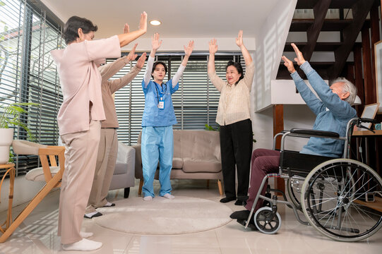 Group Of Asian Senior People Are Given Advice By Professional Self Care Psychologist  At Elderly Healthcare Center, Elder Group Therapy Geriatric Consultation Concept