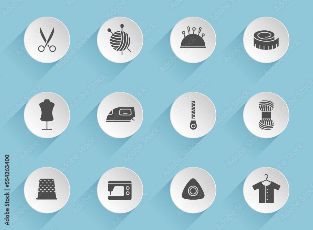 Poster sewing vector icons on round puffy paper circles with transparent shadows on blue background. sewing
