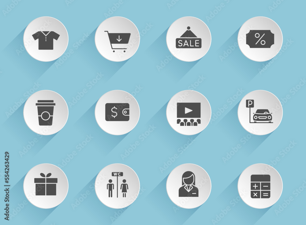 Poster shopping mall vector icons on round puffy paper circles with transparent shadows on blue background.