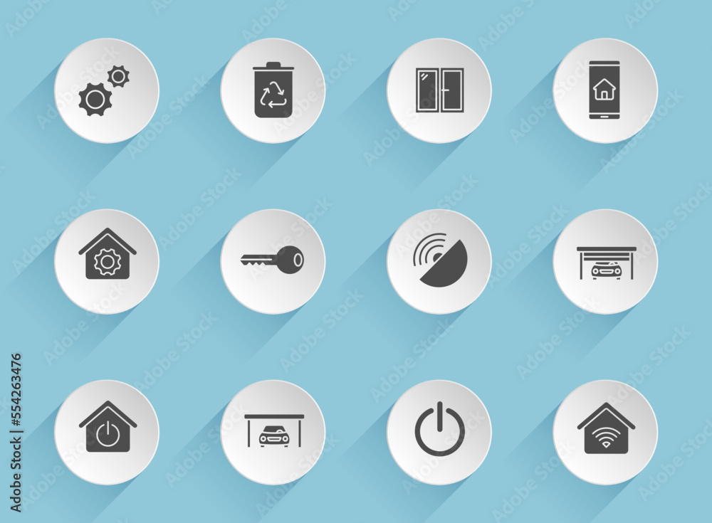 Poster smart home vector icons on round puffy paper circles with transparent shadows on blue background. sm