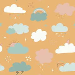 Meubelstickers multicolored clouds stars sequins seamless pattern. Cute clouds seamless pattern, cartoon background with star dots, vector illustration © Alena