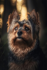 Yorkshire terrier portrait in nature. Concept of animal life, care, health and pets. AI	