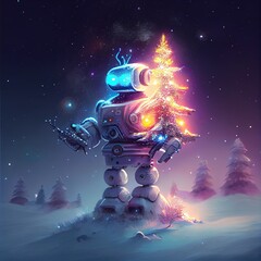 Fototapeta na wymiar Snowman robot. SF winter scenery, Snow, magic lighting, Christmas tree. Ai Generative