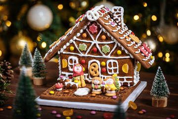 Christmas house made from gingerbread. Playfully decorated with colourful gummy bears. Christmas tree in background with lights. Festive New year atmosphere and mood. 