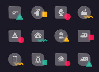 emergency glass morphism trendy style icons. emergency transparent glass vector icons with color memphis figures. for web and ui design, mobile apps and promo business advertising