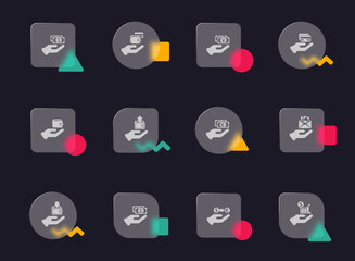 hand and money glass morphism trendy style icons. hand and money transparent glass vector icons with color memphis figures. for web and ui design, mobile apps and promo business advertising