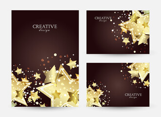 Naklejka premium Vip anniversary invitation templates. Cover design with golden stars. Vector decorative poster, flyer and banners with copy space.