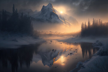 Winter mountains landscape at sunrise. AI