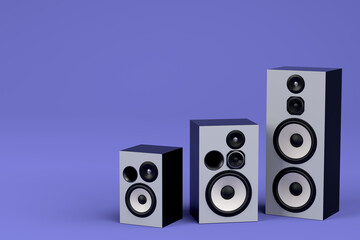 Fototapeta na wymiar Set of Hi-fi speakers with loudspeakers for sound recording studio on violet.