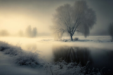 Obraz na płótnie Canvas Winter foggy landscape with lonely tree and river. Moody and atmospheric. AI