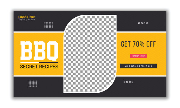 Secret recipes BBQ web page banner and video thumbnail design template vector editable file, easy-to-clip image, text for ready to upload  