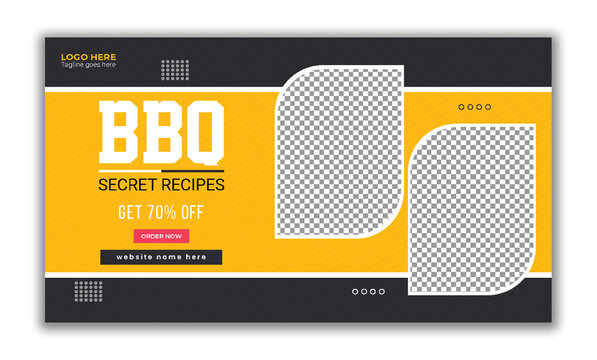 Secret recipes BBQ web page banner and video thumbnail design template vector editable file, easy-to-clip image, text for ready to upload  