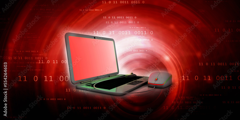 Poster 3d rendering laptop connected mouse