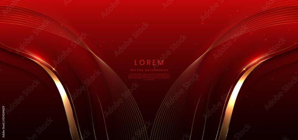 Aufkleber abstract 3d gold curved red ribbon on red background with lighting effect and sparkle with copy spac