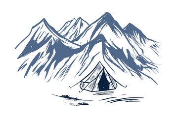 Camping in nature, mountains, hand drawn illustrations	
