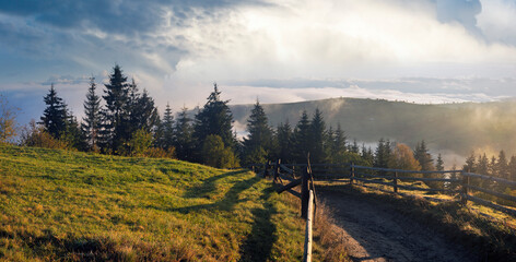 Misty daybreak in autumn Carpathian mountain, Ukraine.