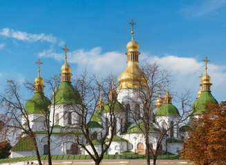 Fototapeta na wymiar Morning Saint Sophia Cathedral church building view. Kyiv City centre, Ukraine.