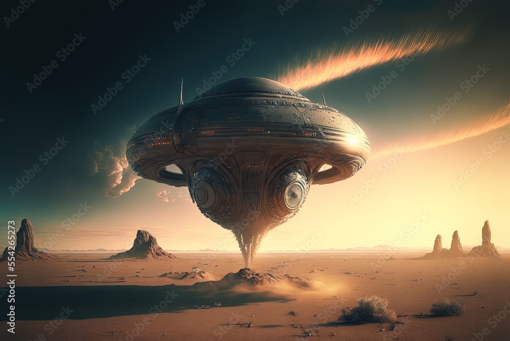 Poster interplanetary flight of an alien spacecraft. generative ai