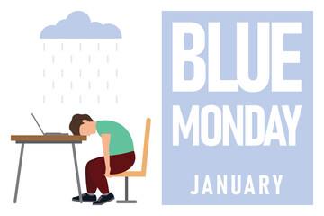Blue Monday background. Design with unhappy man sitting.